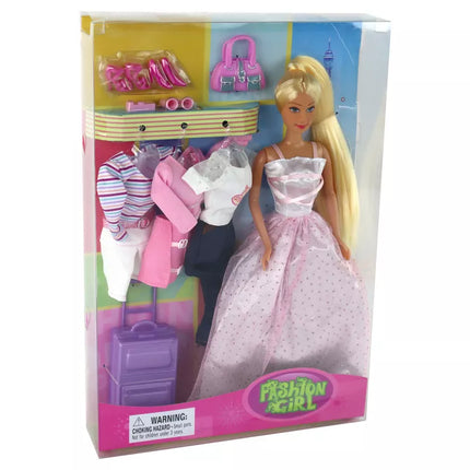 Vaikiška lėlė su ilgais plaukais ir lagaminėliu