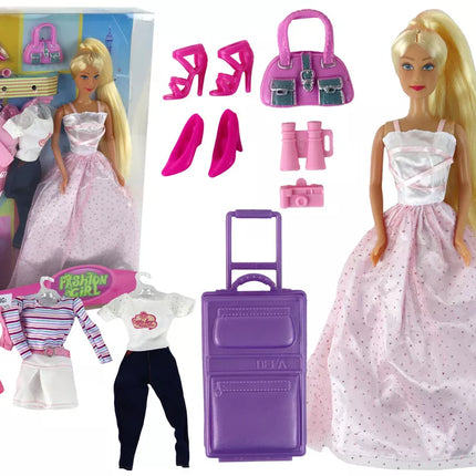 Vaikiška lėlė su ilgais plaukais ir lagaminėliu