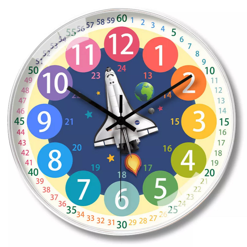 Vaikiškas edukacinis sieninis laikrodis „Kosminė raketa“ spalvingas