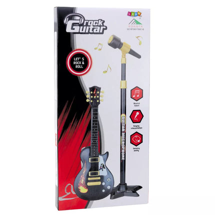 Juodas vaikų muzikos rinkinys su gitara ir mikrofonu
