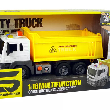 Geltonos tatybinės transporto priemonės savivartis sunkvežimis