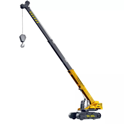 Geltonas vikšrinis ekskavatorius su kranu