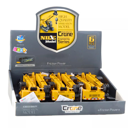 Geltonas vikšrinis ekskavatorius su kranu