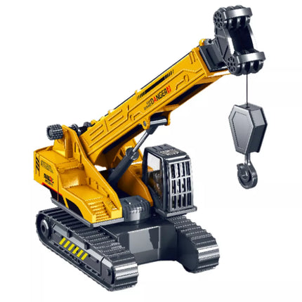 Geltonas vikšrinis ekskavatorius su kranu