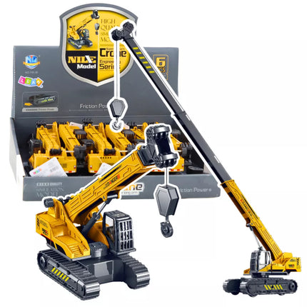 Geltonas vikšrinis ekskavatorius su kranu