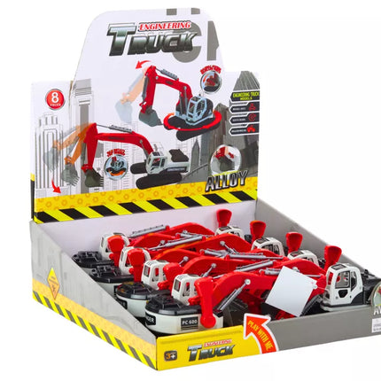 Vikšrinis ekskavatorius su baltu ir raudonu metaliniu kaušu