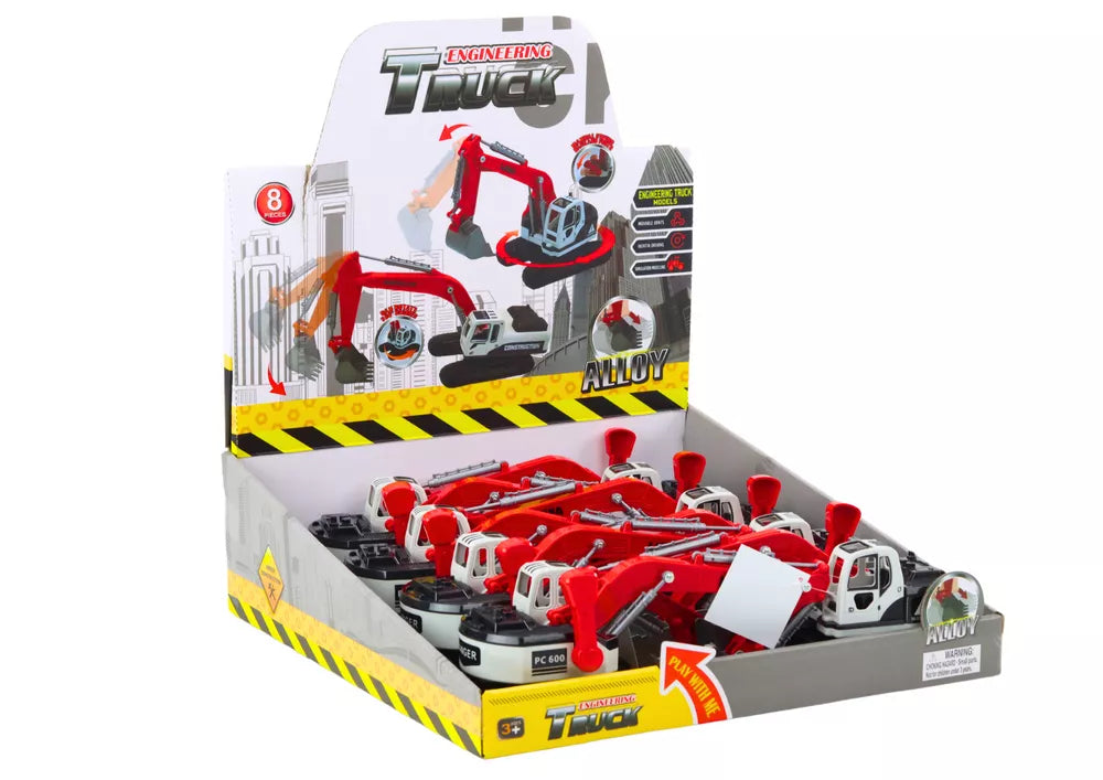 Vikšrinis ekskavatorius su baltu ir raudonu metaliniu kaušu