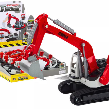 Vikšrinis ekskavatorius su baltu ir raudonu metaliniu kaušu