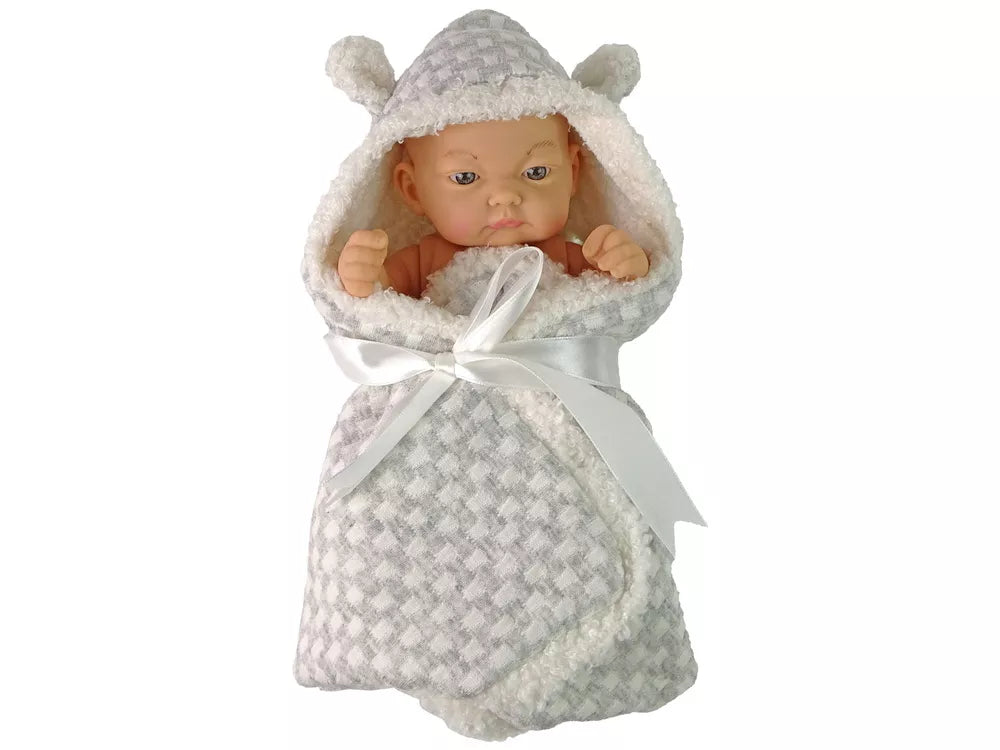 Miela kūdikio lėlė su pilku miegmaišiu