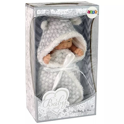 Miela kūdikio lėlė su pilku miegmaišiu