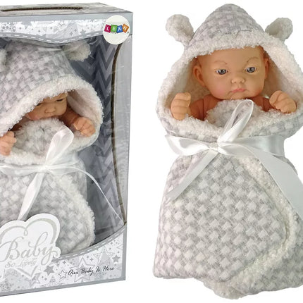 Miela kūdikio lėlė su pilku miegmaišiu