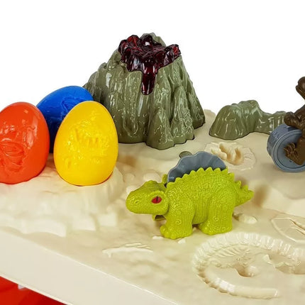 Dinozarų pasaulio stalas su ugnikalniu ir kiaušinių formelėmis