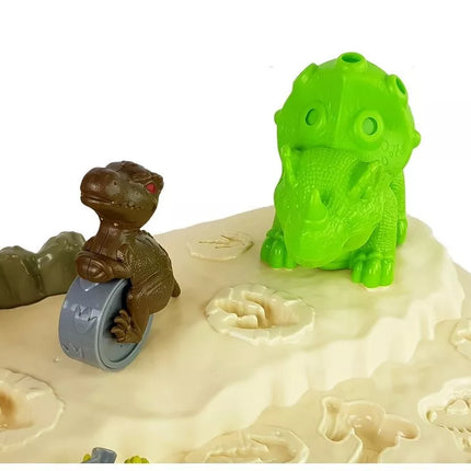 Dinozarų pasaulio stalas su ugnikalniu ir kiaušinių formelėmis