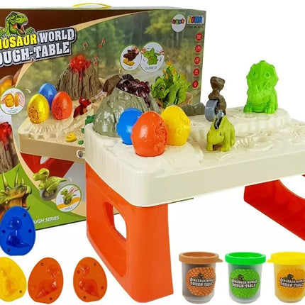 Dinozarų pasaulio stalas su ugnikalniu ir kiaušinių formelėmis