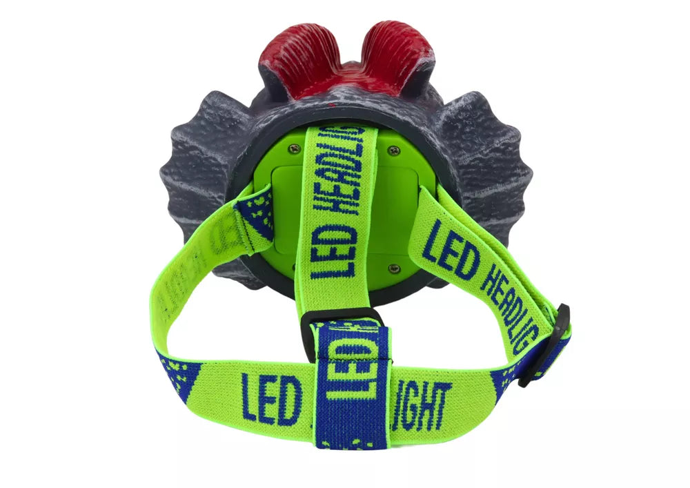 Dinozauro formos galvos žibintuvėlis su reguliuojamu dirželiu