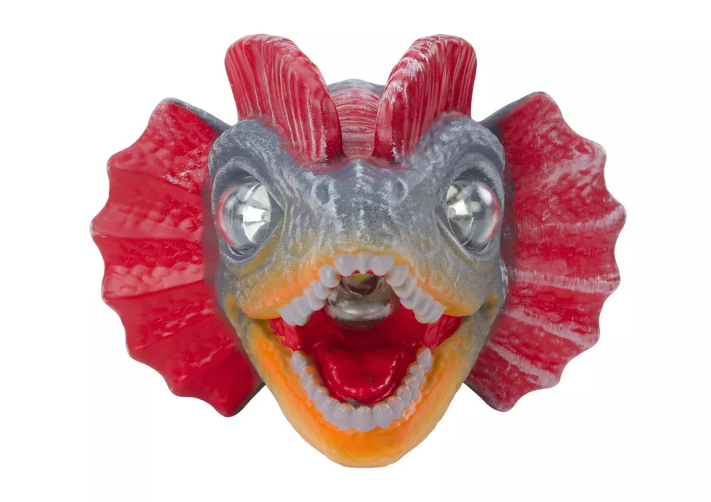 Dinozauro formos galvos žibintuvėlis su reguliuojamu dirželiu