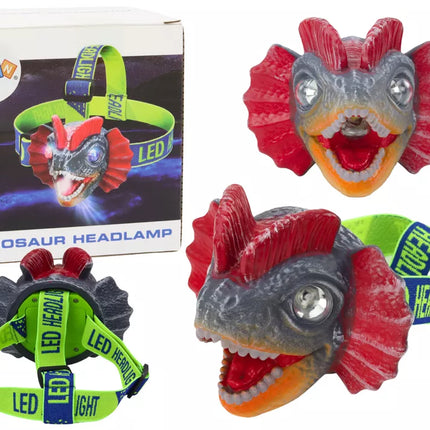 Dinozauro formos galvos žibintuvėlis su reguliuojamu dirželiu