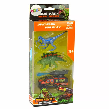 Dinozaurų figūrėlės ir automobilis