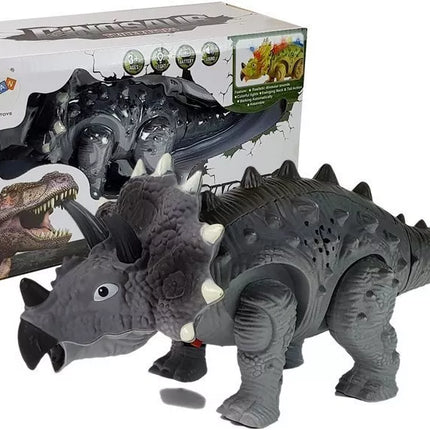 Baterijomis maitinamas pilkas Triceratops dinozauras