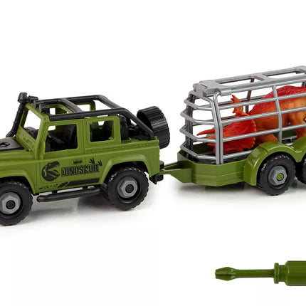 Žalias visureigis su dinozaurų transportavimo preikaba ir dinozauru
