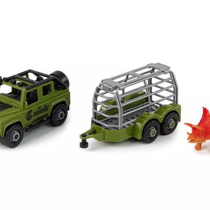 Žalias visureigis su dinozaurų transportavimo preikaba ir dinozauru