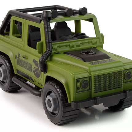 Žalias visureigis su dinozaurų transportavimo preikaba ir dinozauru