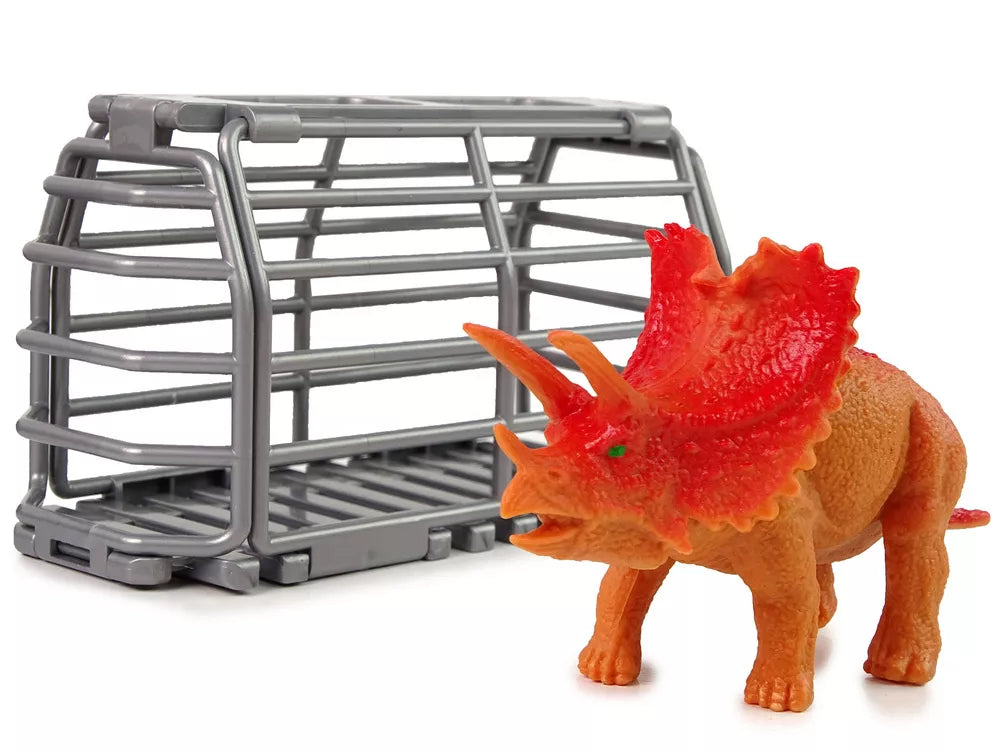 Žalias visureigis su dinozaurų transportavimo preikaba ir dinozauru