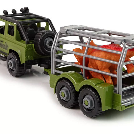 Žalias visureigis su dinozaurų transportavimo preikaba ir dinozauru