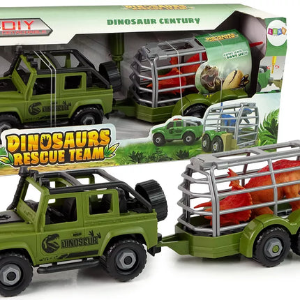 Žalias visureigis su dinozaurų transportavimo preikaba ir dinozauru