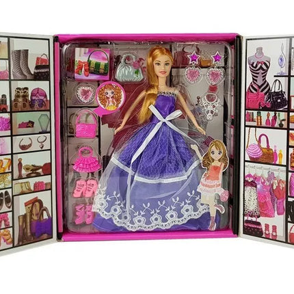 Lėlė su violetine suknele ir aksesuarais