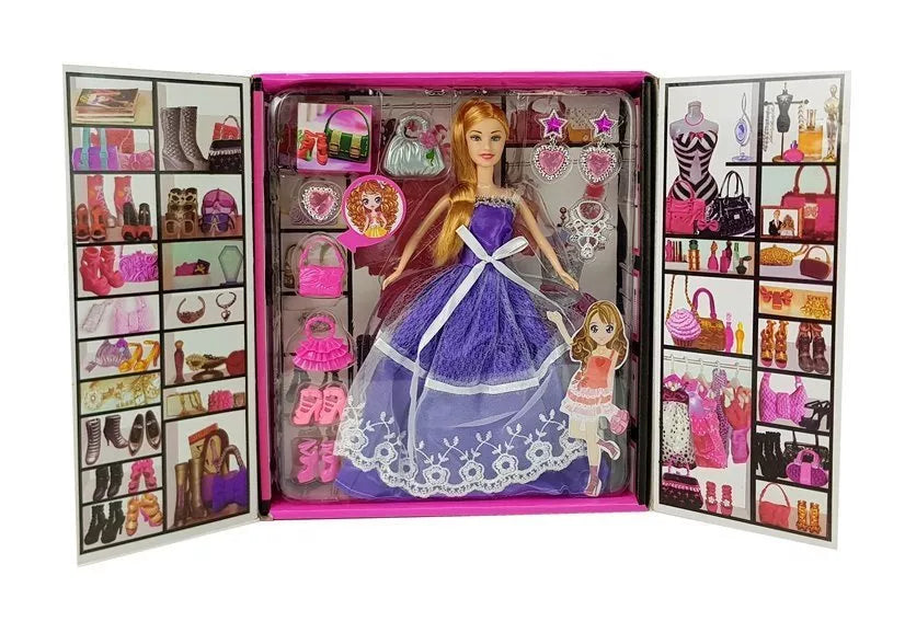 Lėlė su violetine suknele ir aksesuarais