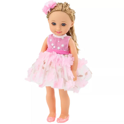 Lėlė su rožine suknele ir plaukų segtuku, 38 cm