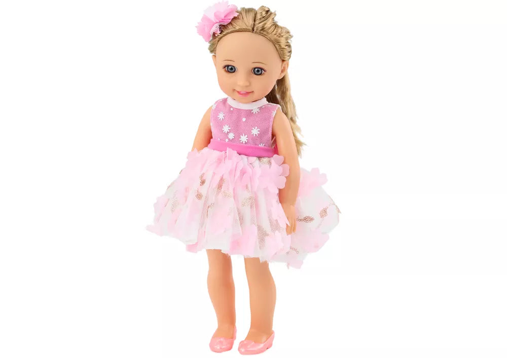 Lėlė su rožine suknele ir plaukų segtuku, 38 cm