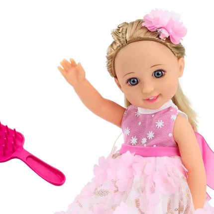Lėlė su rožine suknele ir plaukų segtuku, 38 cm