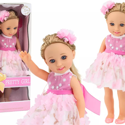 Lėlė su rožine suknele ir plaukų segtuku, 38 cm