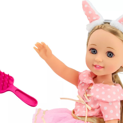 Ilgaplaukė lėlė su rožine suknele 38 cm
