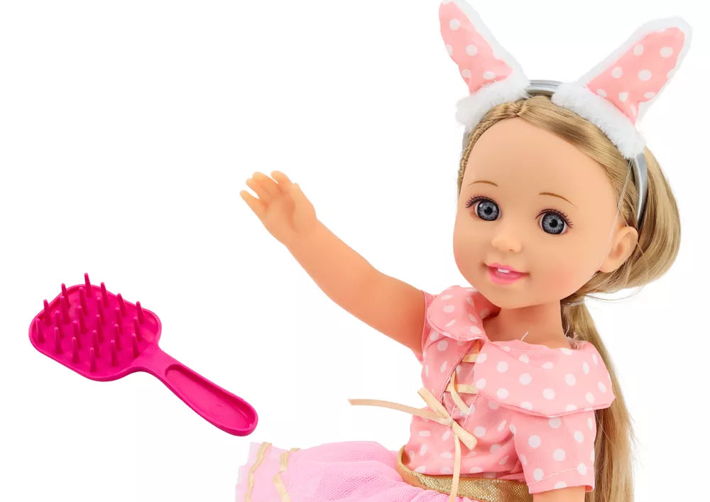 Ilgaplaukė lėlė su rožine suknele 38 cm