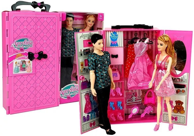 Lėlių rinkinys su lagamino formos drabužių spinta