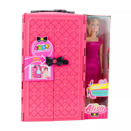 Lėlė su rožine spinta ir su drabužių rinkiniu