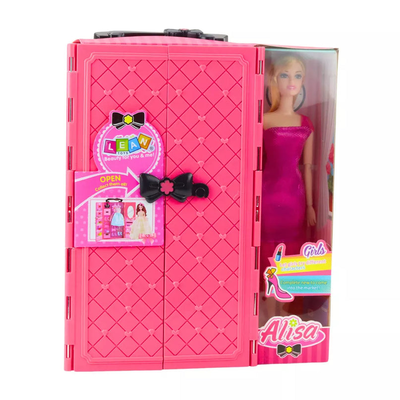 Lėlė su rožine spinta ir su drabužių rinkiniu