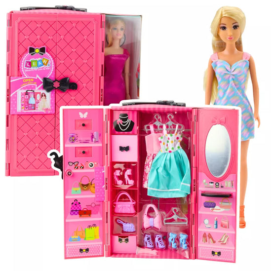 Lėlė su rožine spinta ir su drabužių rinkiniu