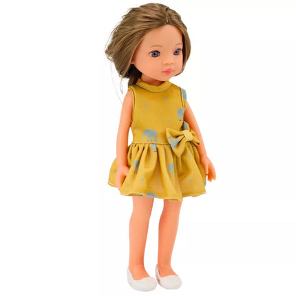 Lėlė su geltona suknele ir rudais plaukais 33 cm