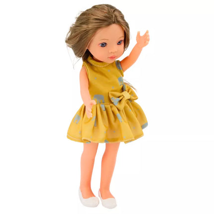 Lėlė su geltona suknele ir rudais plaukais 33 cm