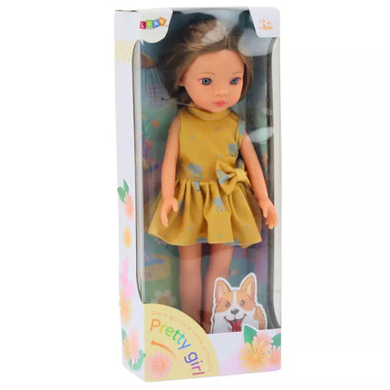 Lėlė su geltona suknele ir rudais plaukais 33 cm