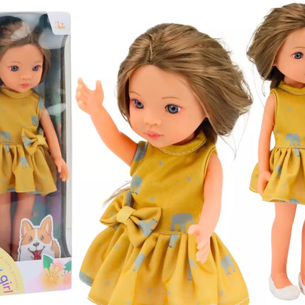 Lėlė su geltona suknele ir rudais plaukais 33 cm