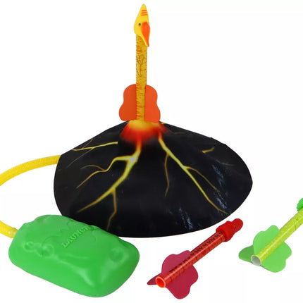 Juodas ugnikalnis su dinozaurų formos raketomis