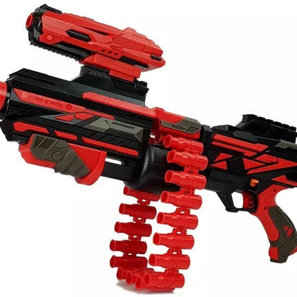 Didelis raudona/juodas šautuvas su šoviniais ir taikikliu