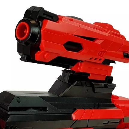 Didelis raudona/juodas šautuvas su šoviniais ir taikikliu