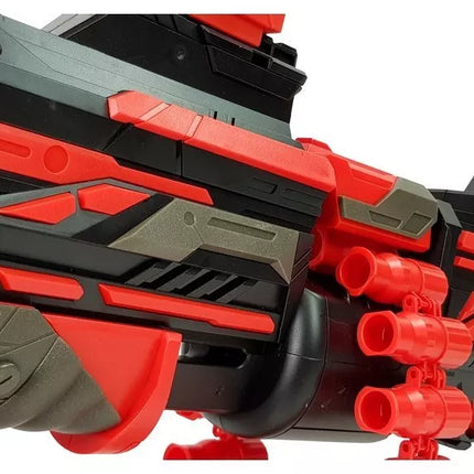 Didelis raudona/juodas šautuvas su šoviniais ir taikikliu