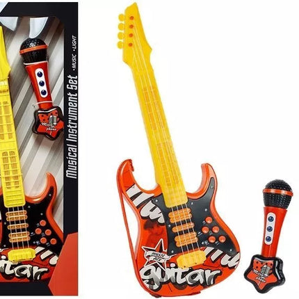 Raudona elektrinė gitara su stygomis ir mikrofonu